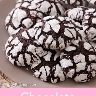 Pinterest graphic of a pile of chocolate crinkle cookies in a large plate.