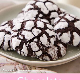Pinterest graphic of chocolate crinkle cookies on a plate.