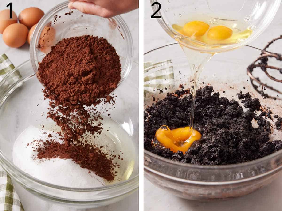 Set of two photos showing cocoa powder added to sugar and oil in a bowl then eggs added once the mixture was combined.