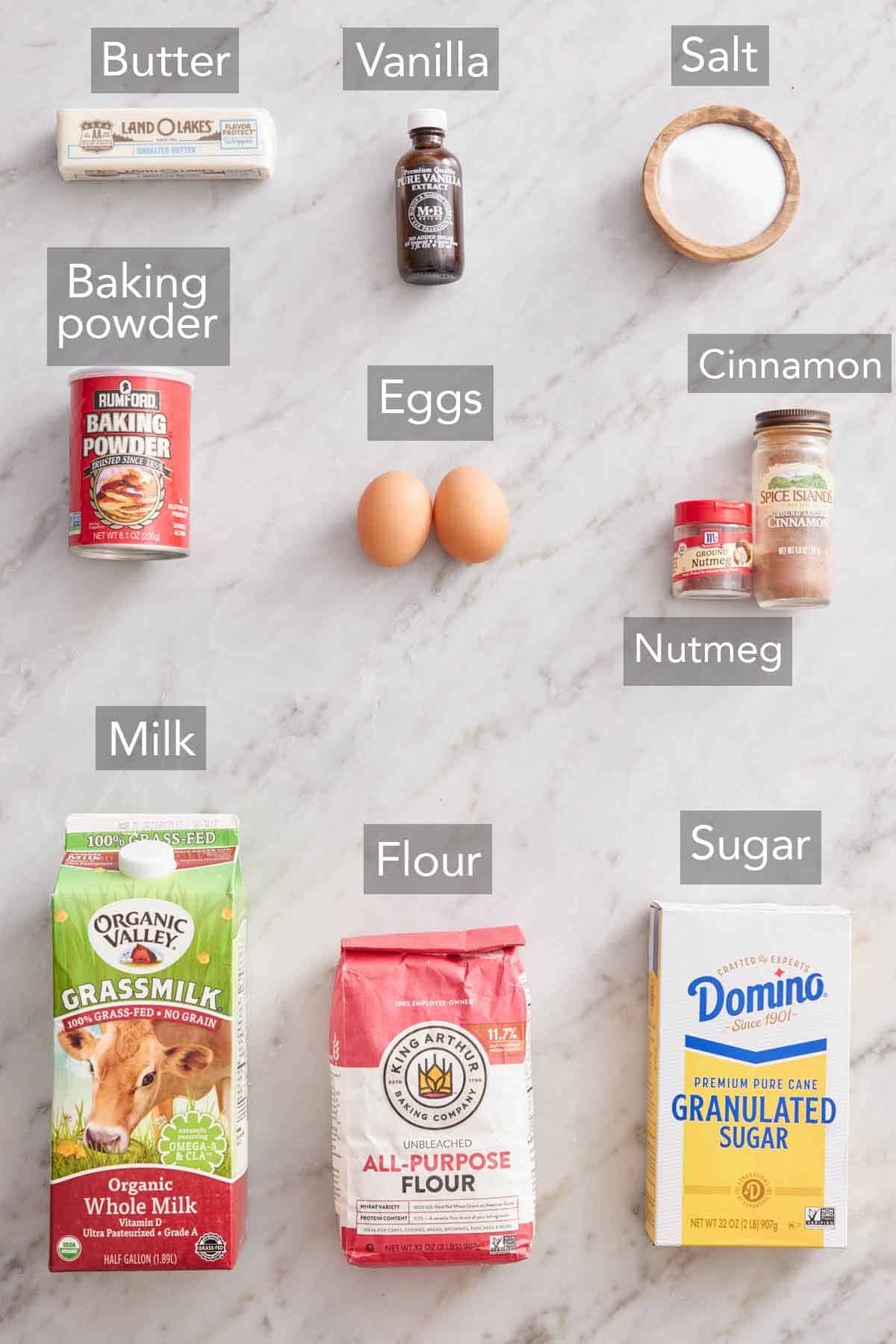 Ingredients needed to make cinnamon muffins.
