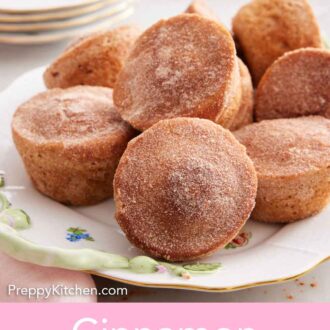 Pinterest graphic of a platter of cinnamon muffins.