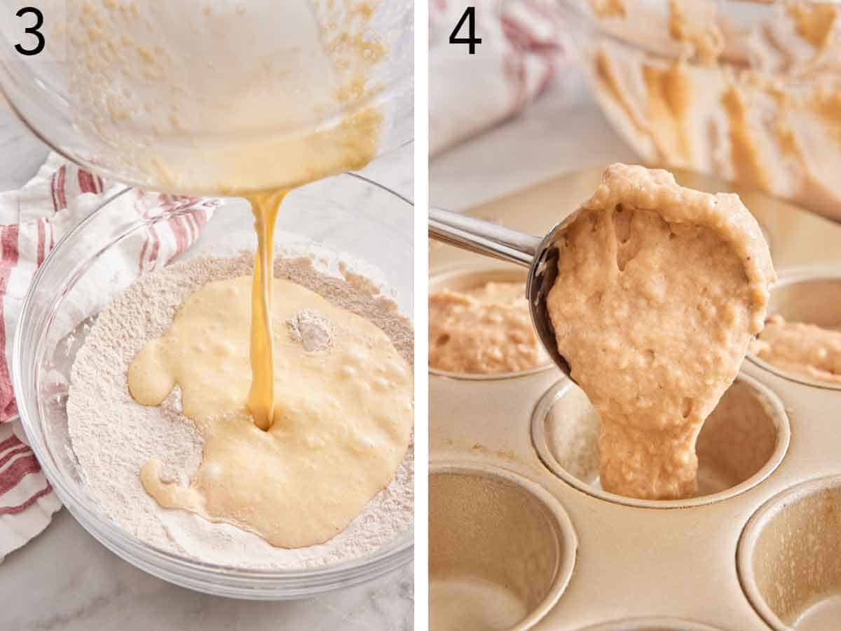 Set of two photos showing wet ingredients added to dry ingredients then batter scooped into a baking pan.