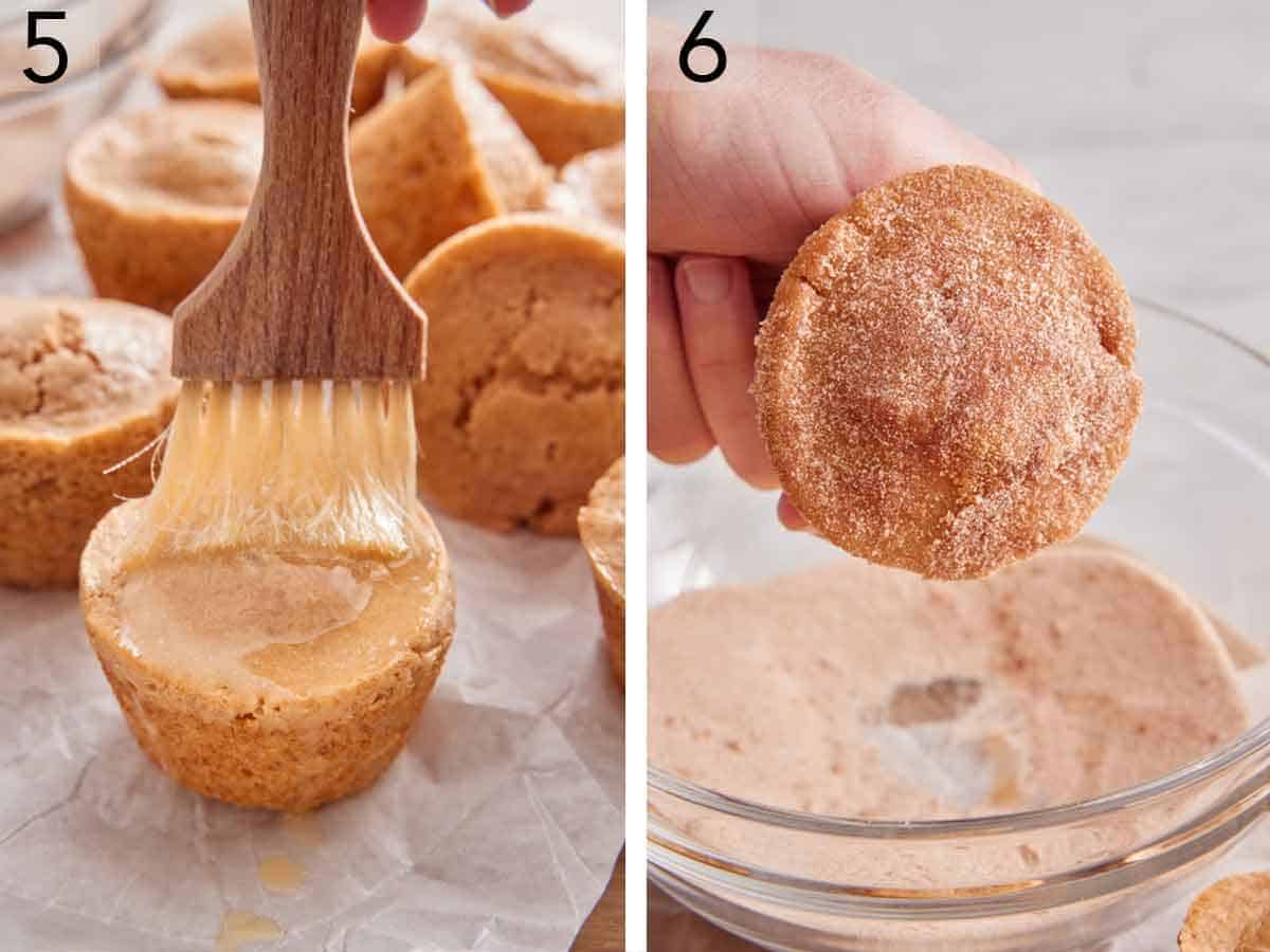 Set of two photos showing muffins brushed with butter and coated in cinnamon sugar.