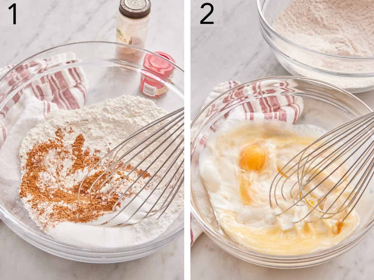Set of two photos showing dry ingredients whisked in a bowl and wet ingredients whisked in another bowl.