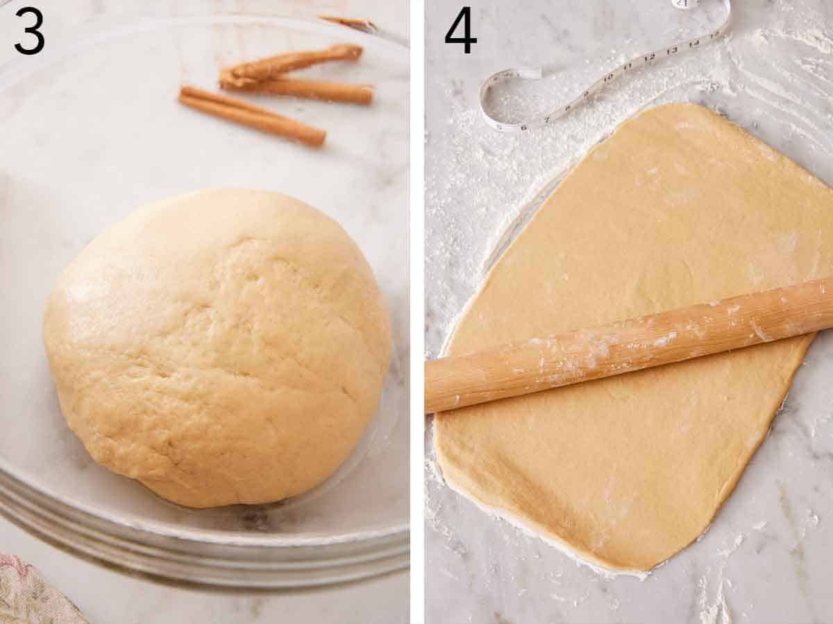 Set of two photos showing a dough ball in a bowl and dough rolled into a rectangle.