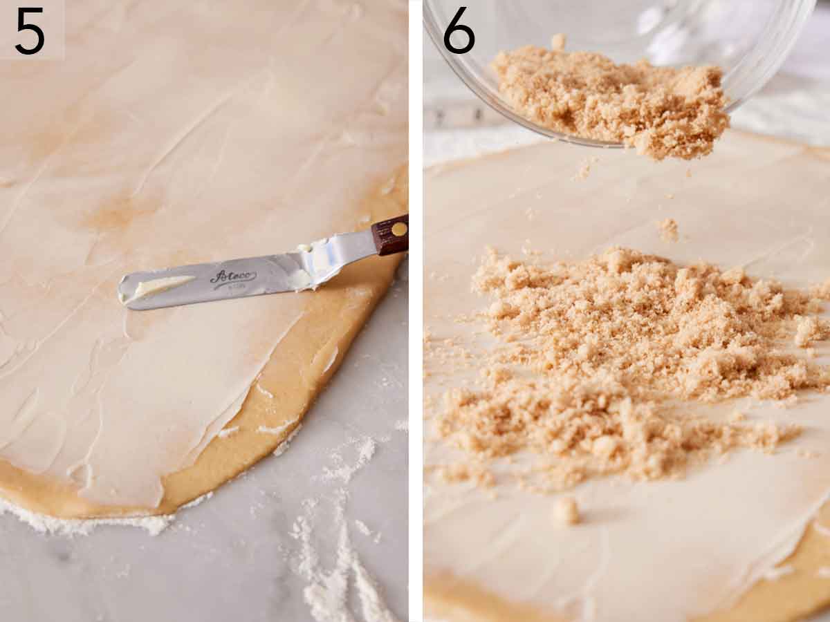 Set of two photos showing butter spread onto the rolled out dough and brown sugar added on top.