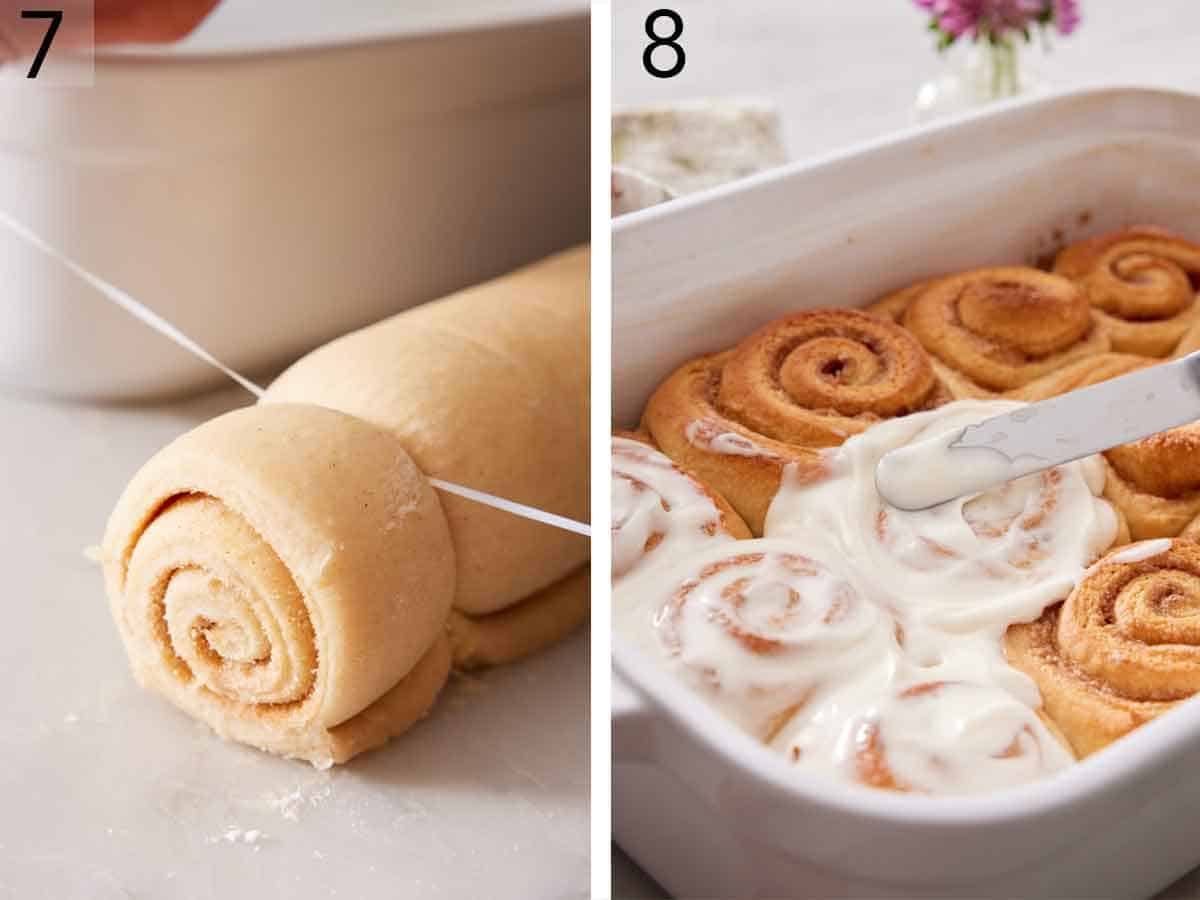Set of two photos showing cinnamon roll cut with floss and baked cinnamon rolls in a baking dish with glaze spread on top.