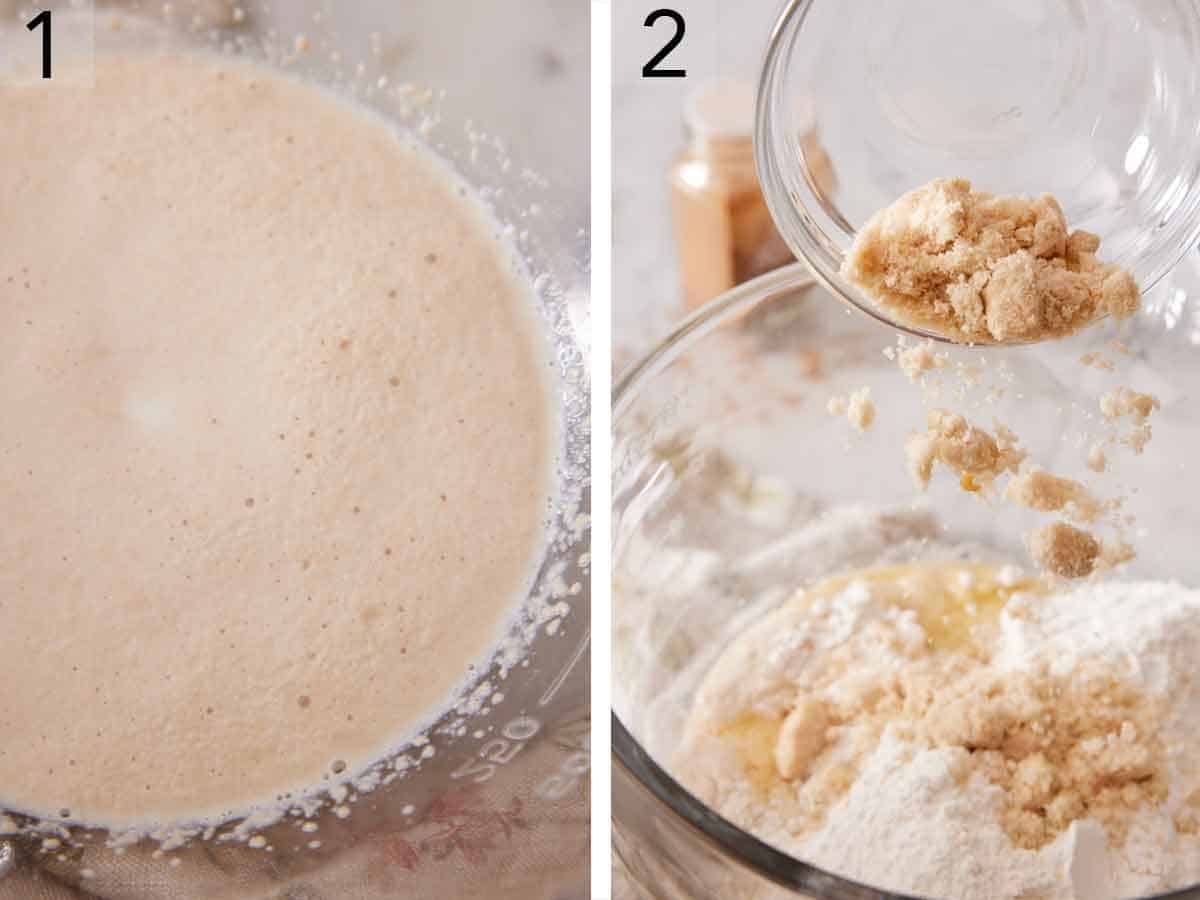 Set of two photos showing yeast activated in a bowl and sugars combined in a bowl.