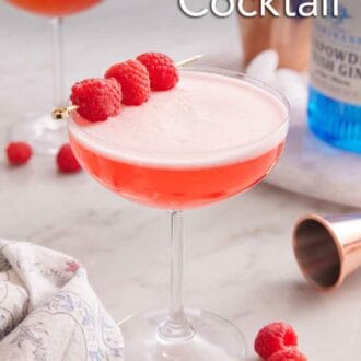 Pinterest graphic of a glass of Clover Club Cocktail with raspberries scattered around and as a garnish. A bottle of gin and second cocktail in the background.