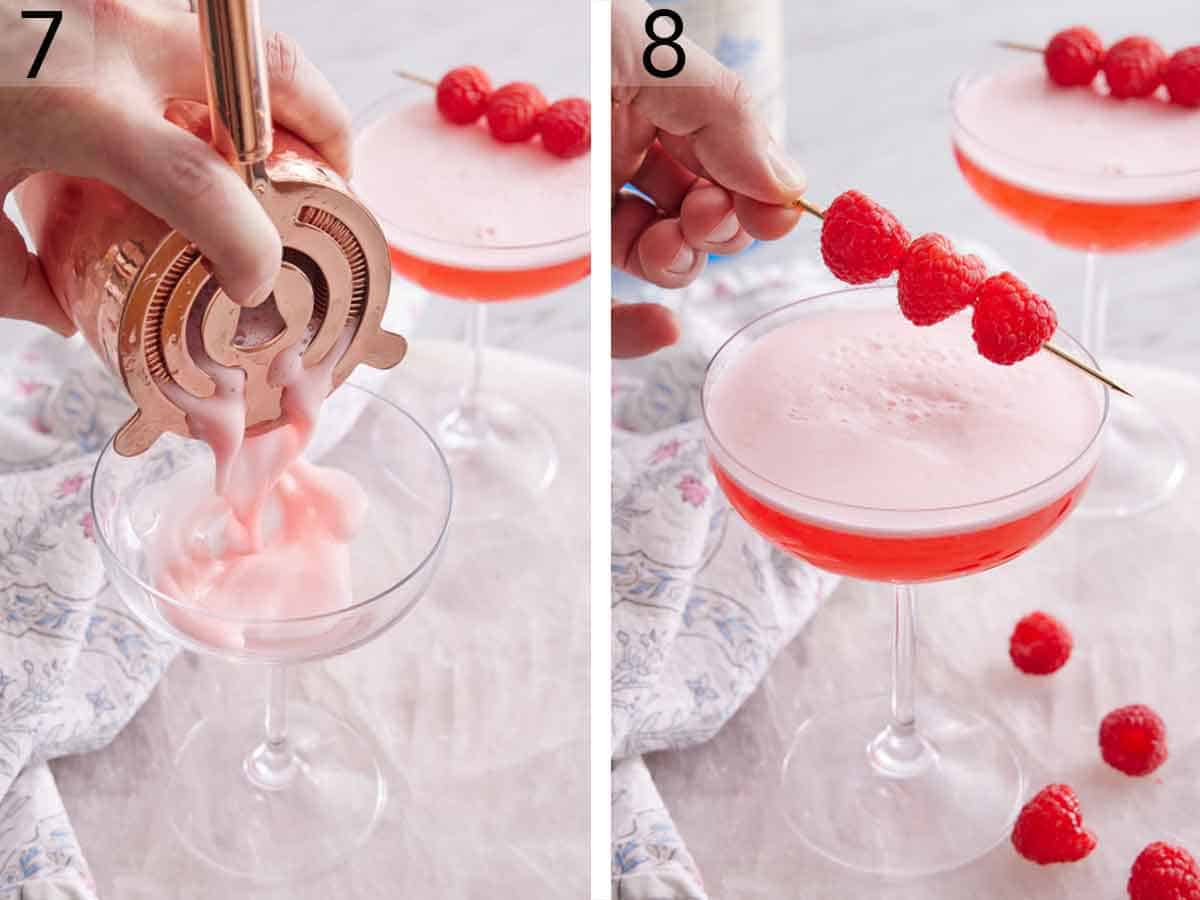 Set of two photos showing a cocktail strained out of the shaker into a glass and then garnished with raspberries.