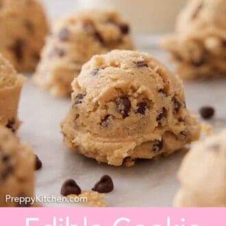 Pinterest graphic of scoops of edible cookie dough on a marble surface.