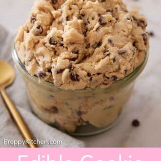 Pinterest graphic of a glass jar of edible cookie dough.