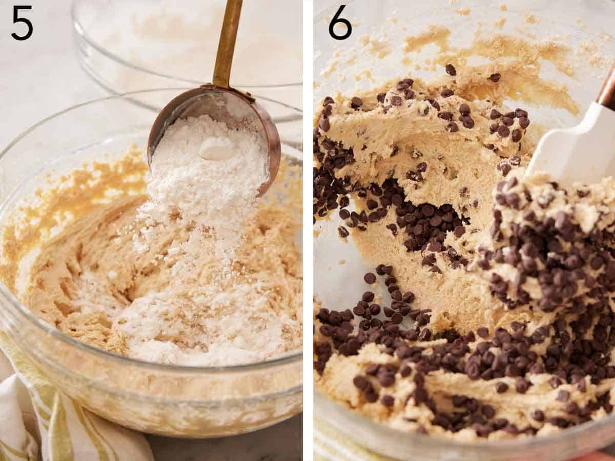 Set of two photos showing flour and chocolate chips added to the batter.