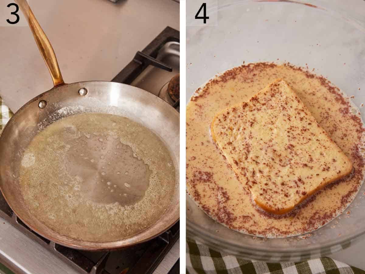 Set of two photos showing butter melted in a skillet and bread soaked in the milk and egg mixture.