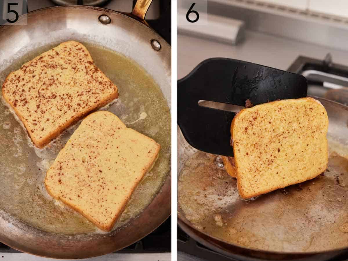 Set of two photos showing soaked bread added to the skillet then flipped.