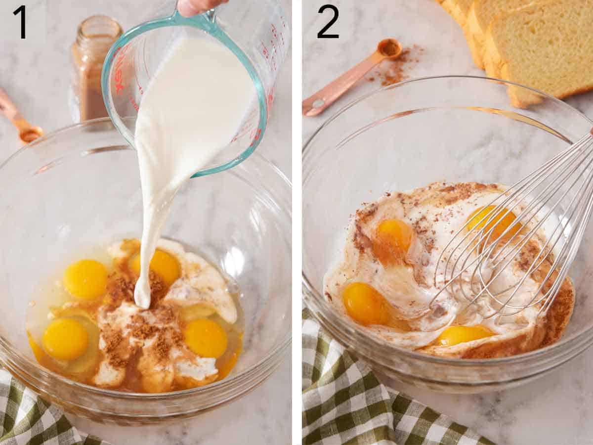 Set of two photos showing milk added to eggs in a bowl with cinnamon and whisked.