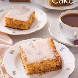 Pinterest graphic of three plates with sliced honey bun cake with a cup of coffee to the side.