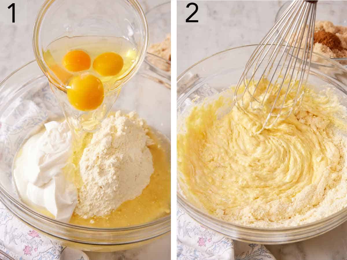 Set of two photos showing ingredients added to a bowl and whisked together.
