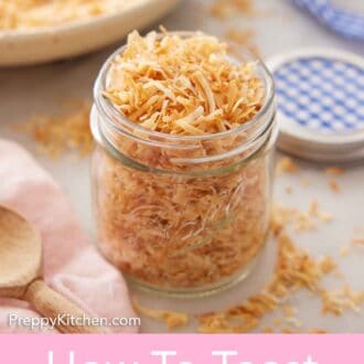 Pinterest graphic of a mason jar of toasted coconut.