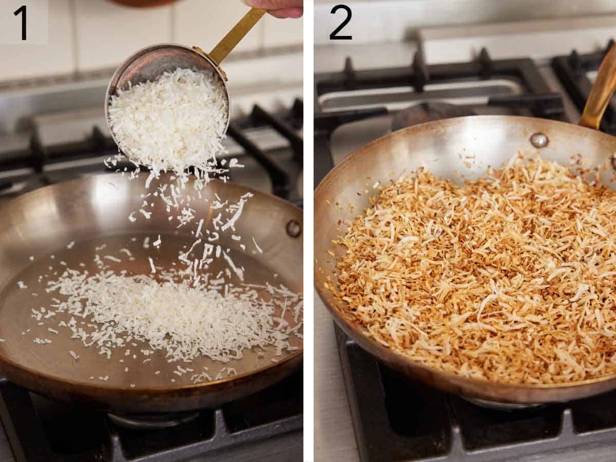 Set of two photos showing shredded coconut toasted in a skillet.