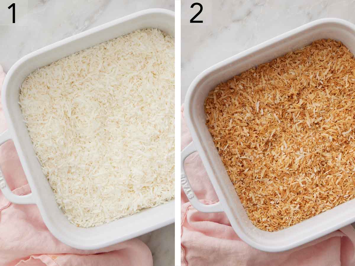 Set of two photos showing before and after shredded coconut was toasted.