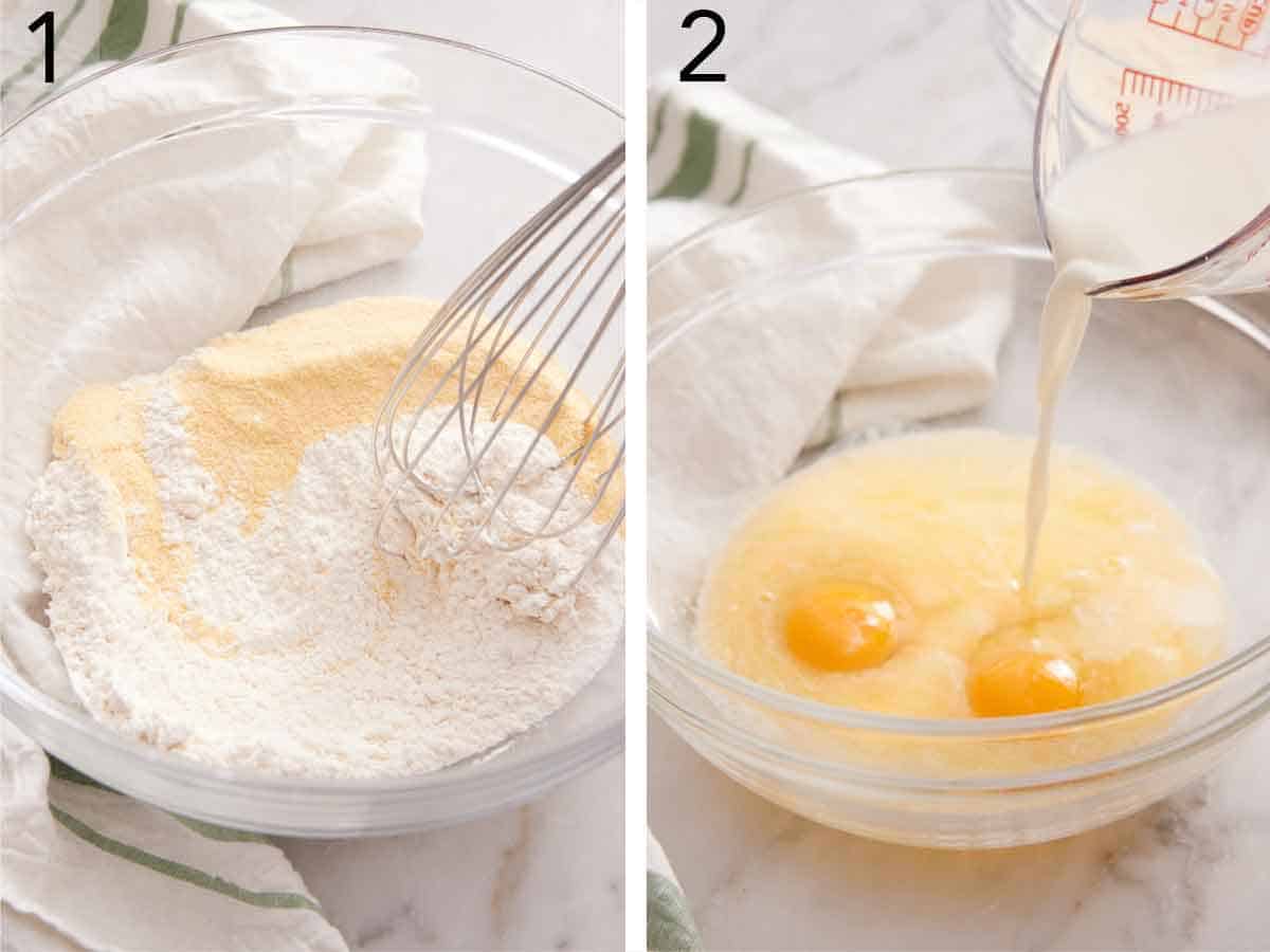 Set of two photos showing flour and cornmeal whisked together and milk added to eggs in a bowl.