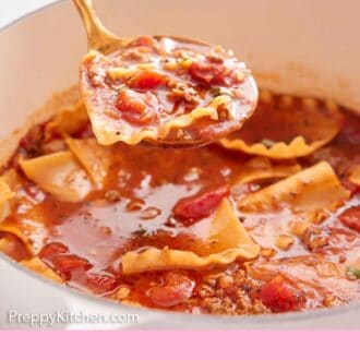 Pinterest graphic of a ladle of lasagna soup scooped out of a pot.