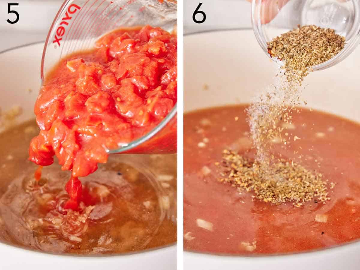 Set of two photos showing diced tomatoes and dried seasoning added to a pot.