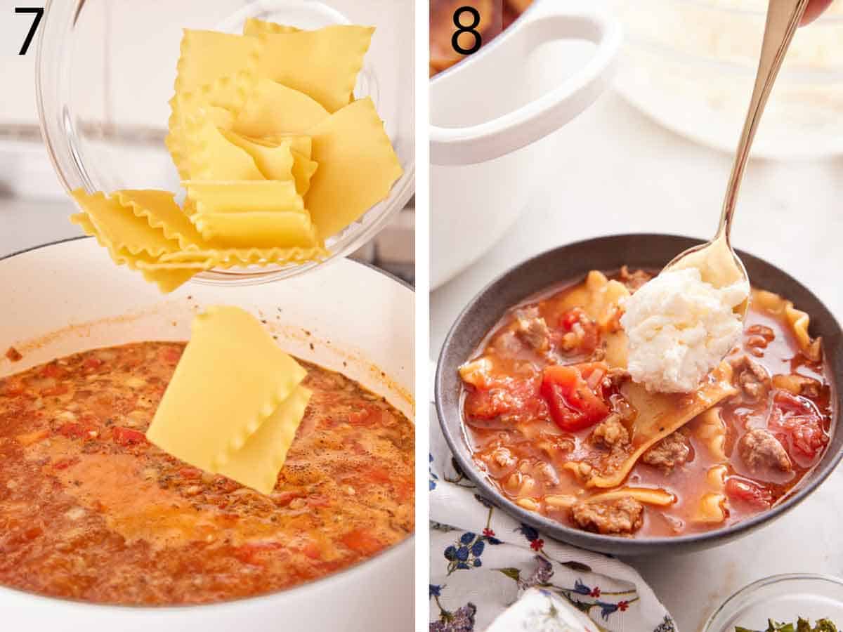 Set of two photos showing lasagna noodles added to a pot and then lasagna soup in a bowl topped with cheese.