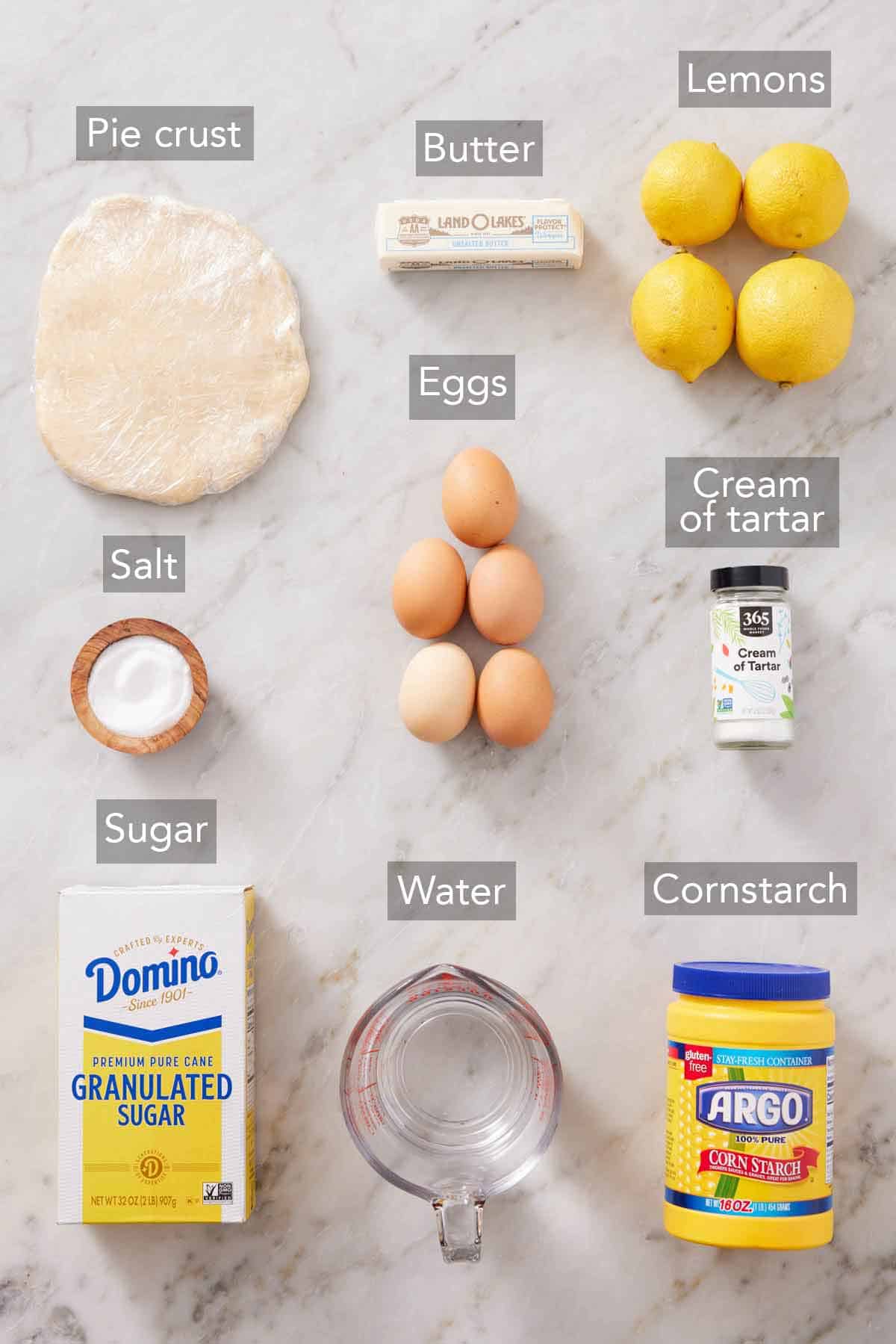 Ingredients needed to make lemon meringue pie.