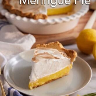 Pinterest graphic of a slice of lemon meringue pie on a plate with the rest of the pie in the background.