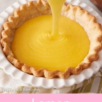Pinterest graphic of lemon mixture poured into a baked pie crust.
