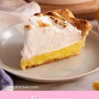 Pinterest graphic of a slice of lemon meringue pie on a plate with a baking dish in the background.