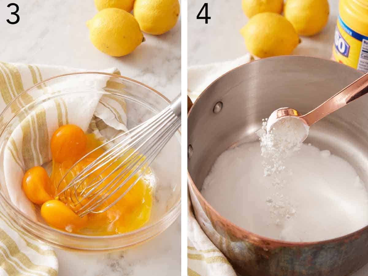 Set of two photos showing egg yolks whisked in a bowl and cornstarch added to a pot.