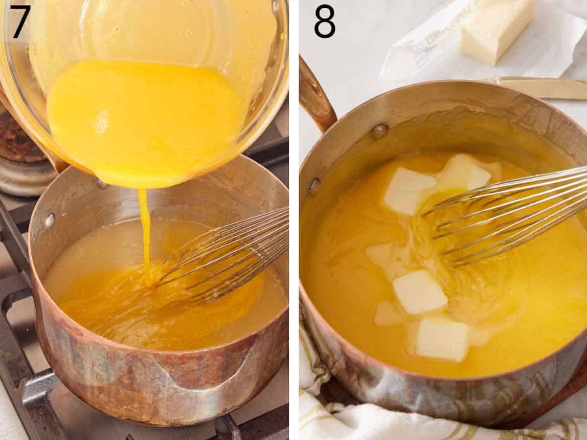 Set of two photos showing egg yolk mixture added to a pot and knobs of butter whisked into the mixture.