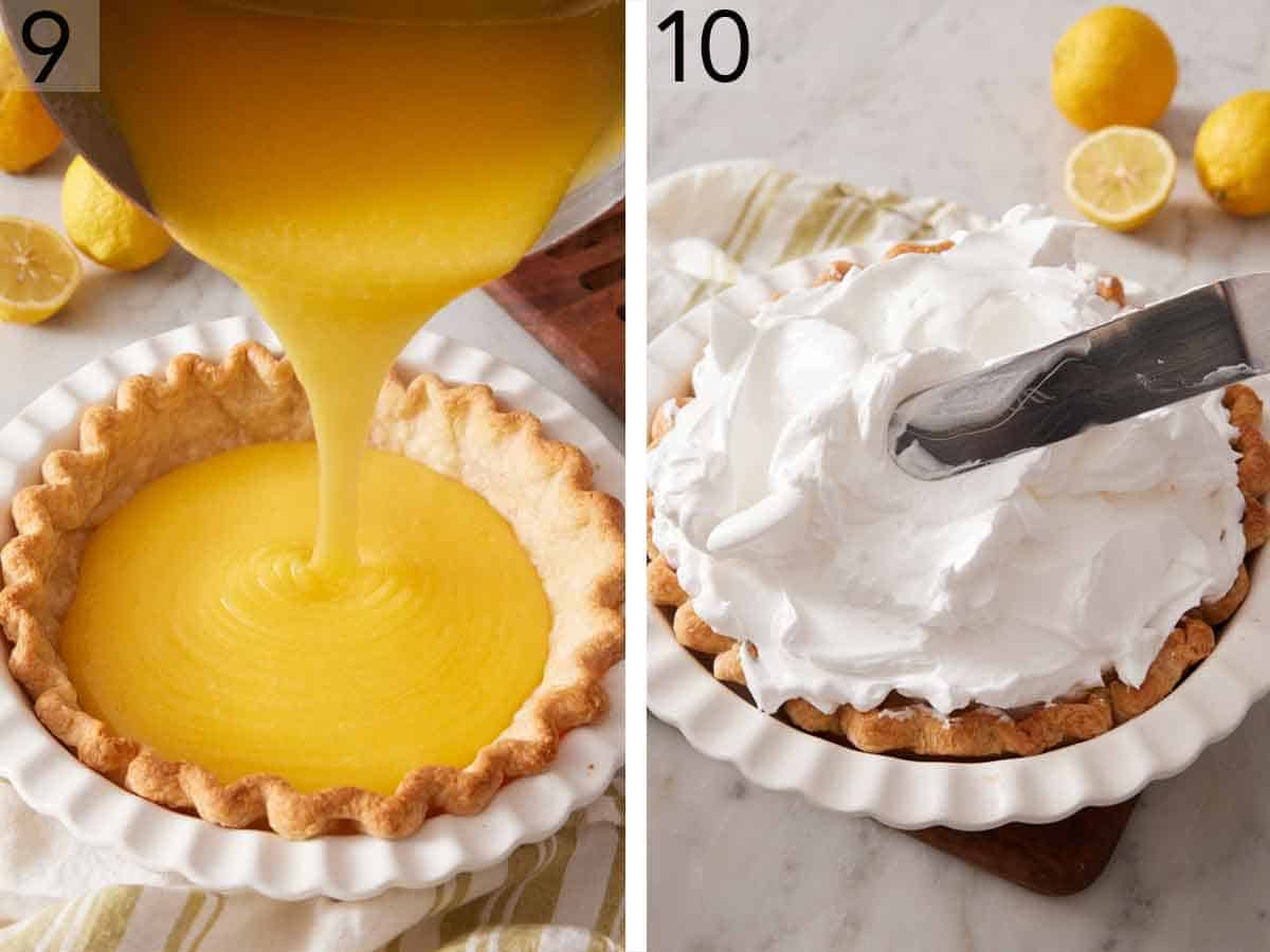 Set of two photos showing lemon filling poured into the baked pie crust and topped with meringue.