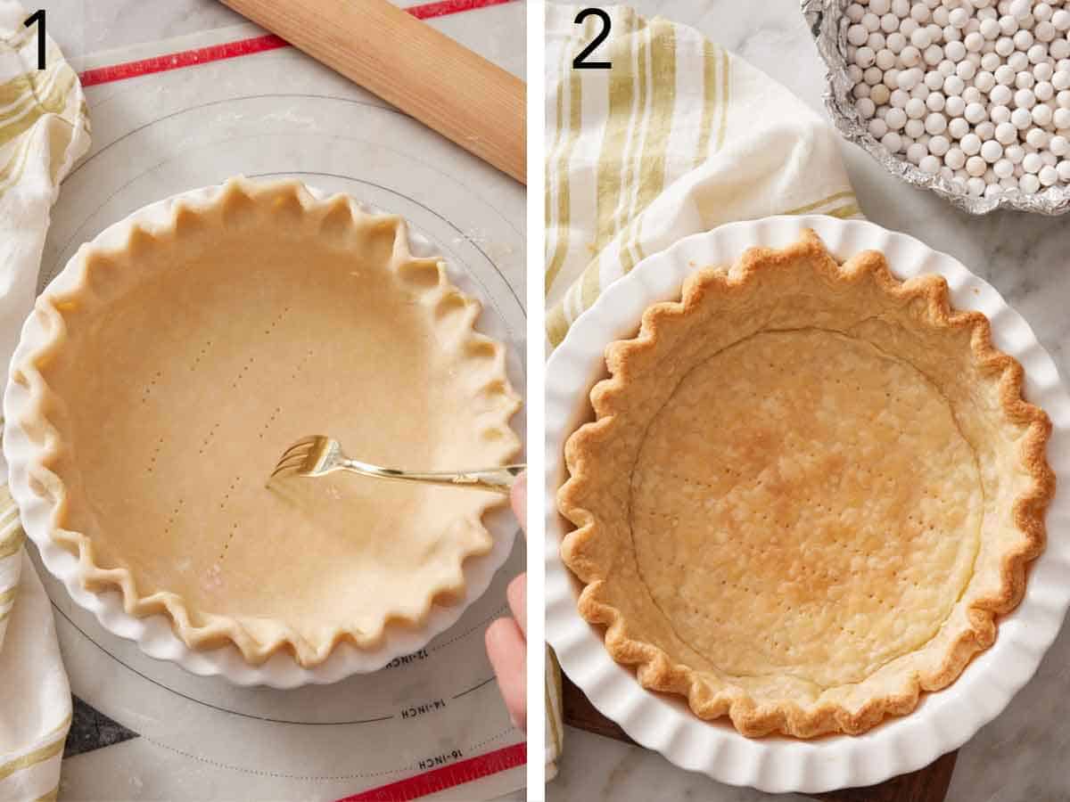 Set of two photos showing dough docked with a fork and blind baked.