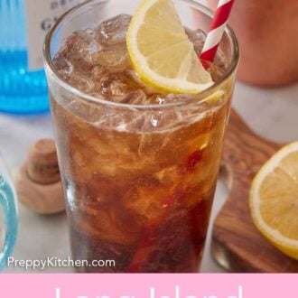 Pinterest graphic of a glass of Long Island Iced Tea with a slice of lemon and a striped straw.