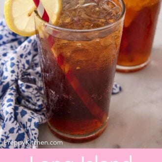 Pinterest graphic of two glasses of Long Island Iced Tea with straws and a slice of lemon on the rim.
