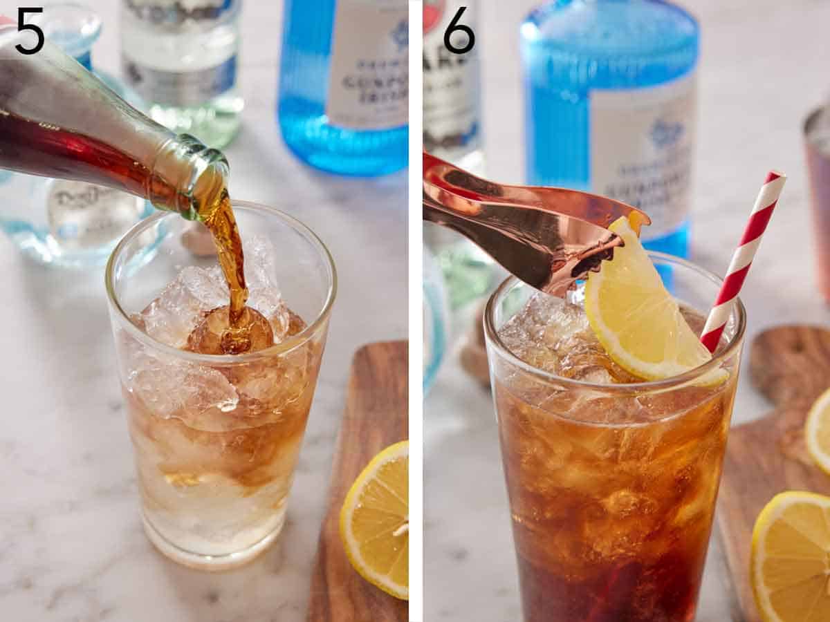 Set of two photos showing cola poured in the glass and topped with a lemon slice.