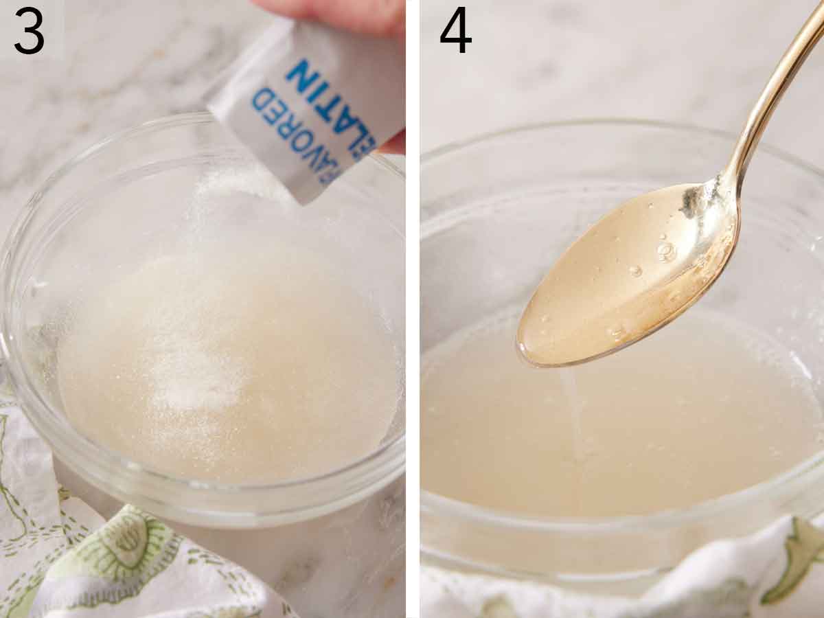 Set of two photos showing gelatin powder mixed in a bowl.