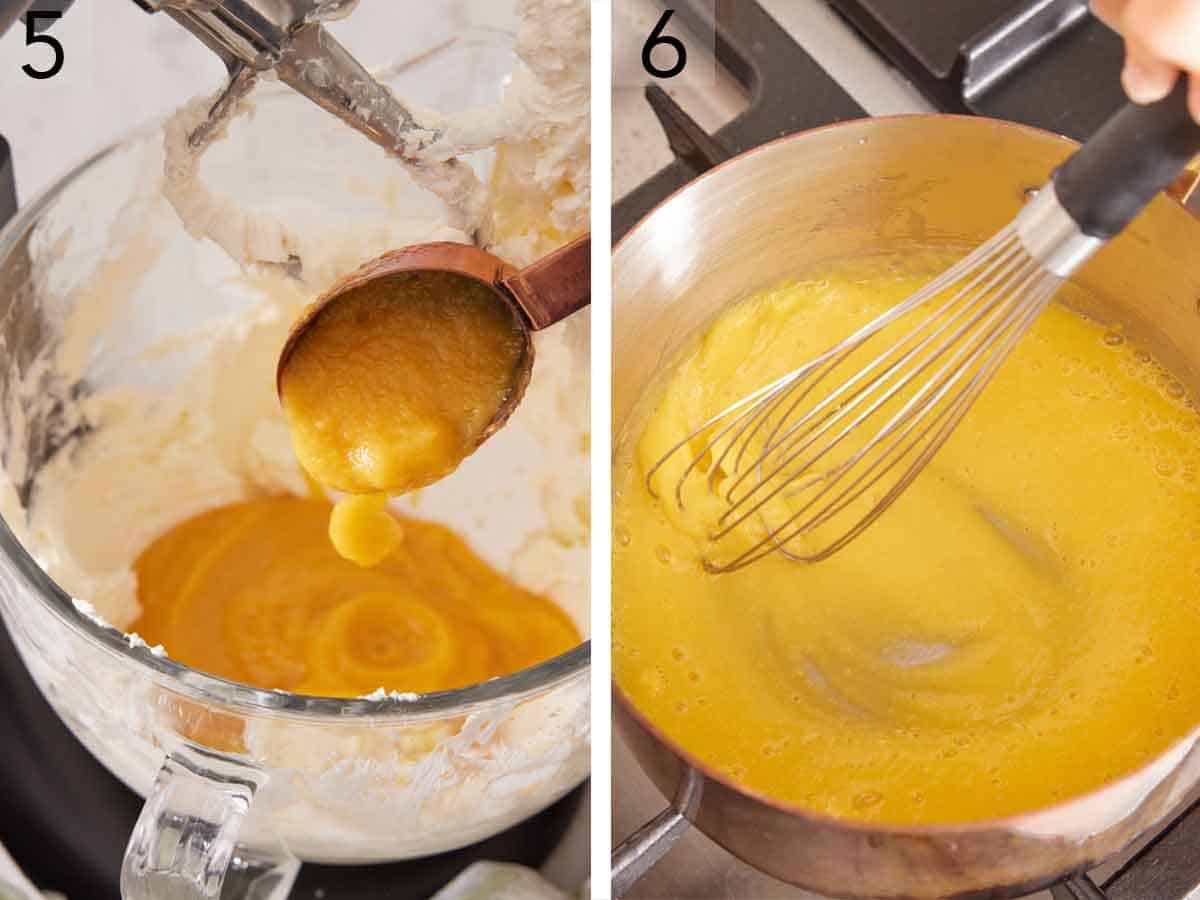 Set of two photos showing mango puree added to a mixer and more mango mixed with gelatin.