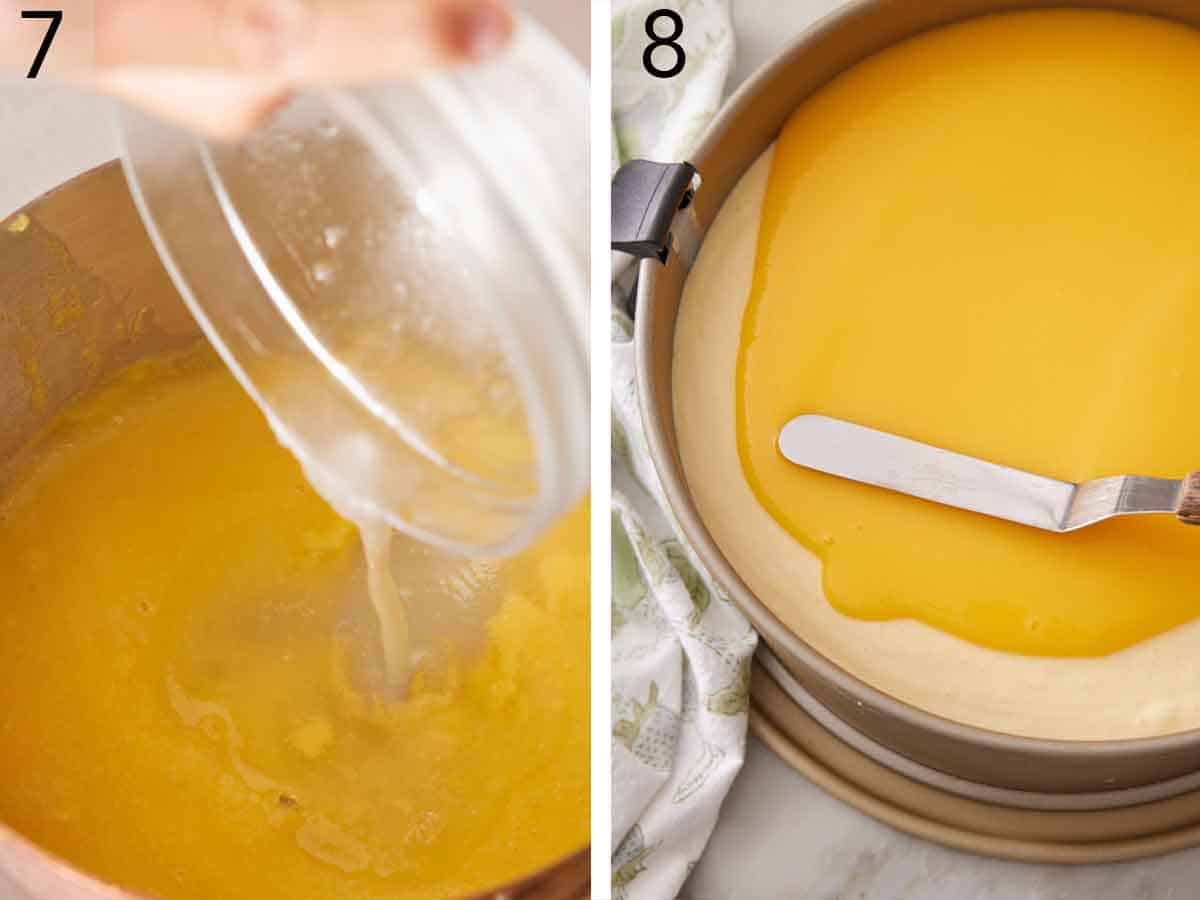 Set of two photos showing the gelatin mixture made and spread over a cheesecake.