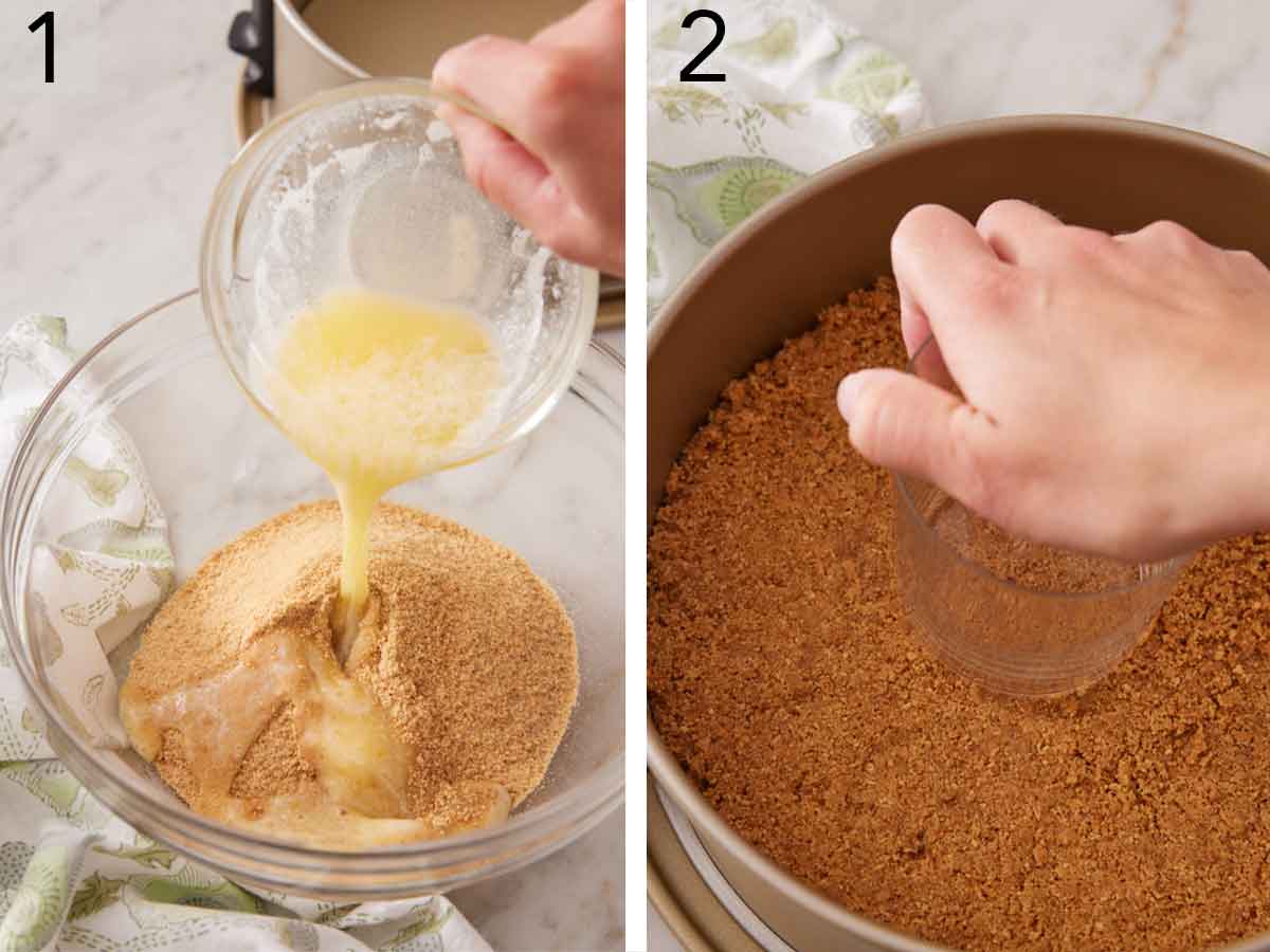 Set of two photos showing butter added to graham cracker crumbs and pressed into a cake pan.