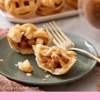 Pinterest graphic of a plate with a mini apple pie cut in half with a pile on a platter in the background.