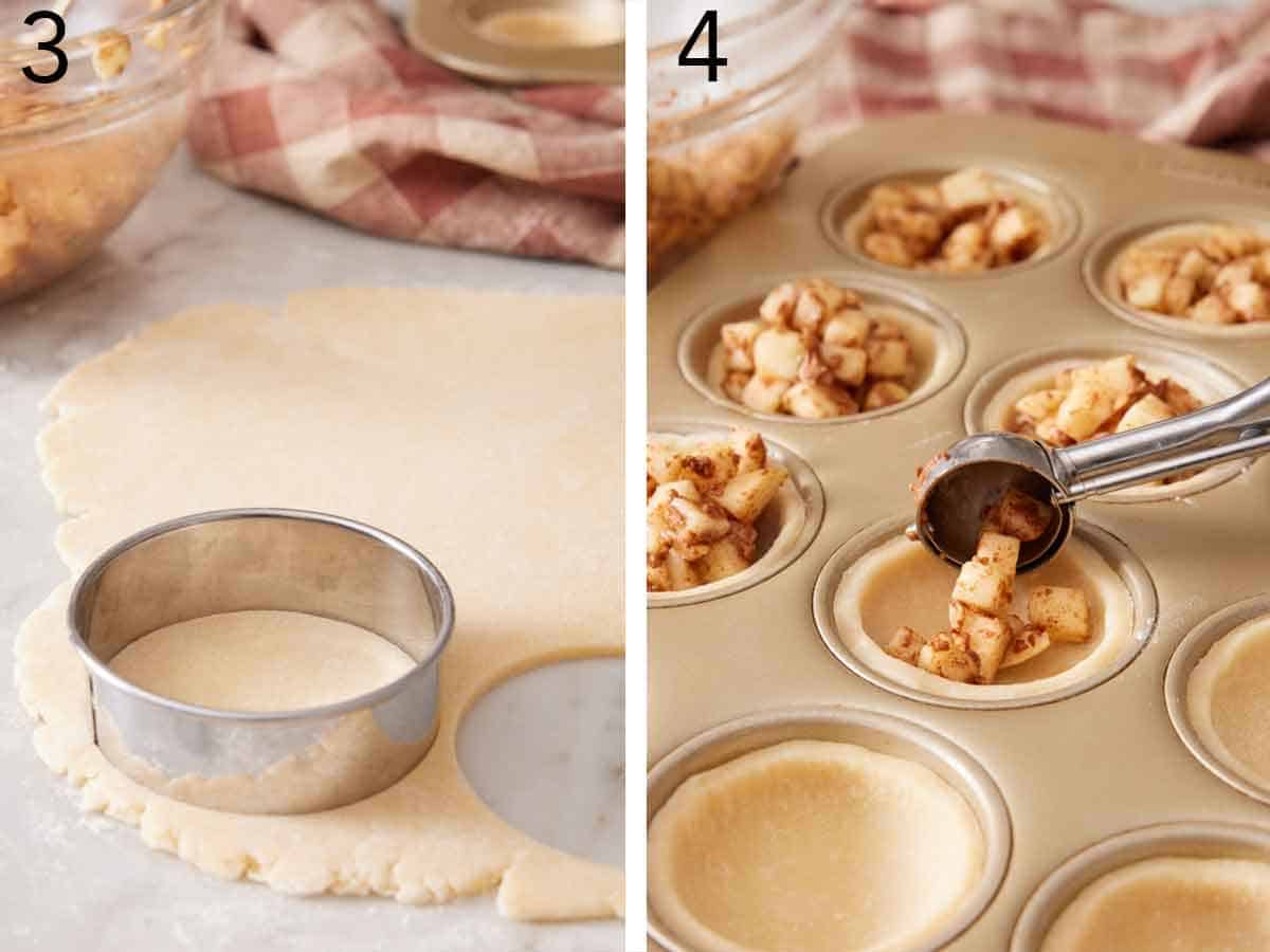 Set of two photos showing dough rolled out and cut and then the diced fruit spooned into the crust in a muffin tin.