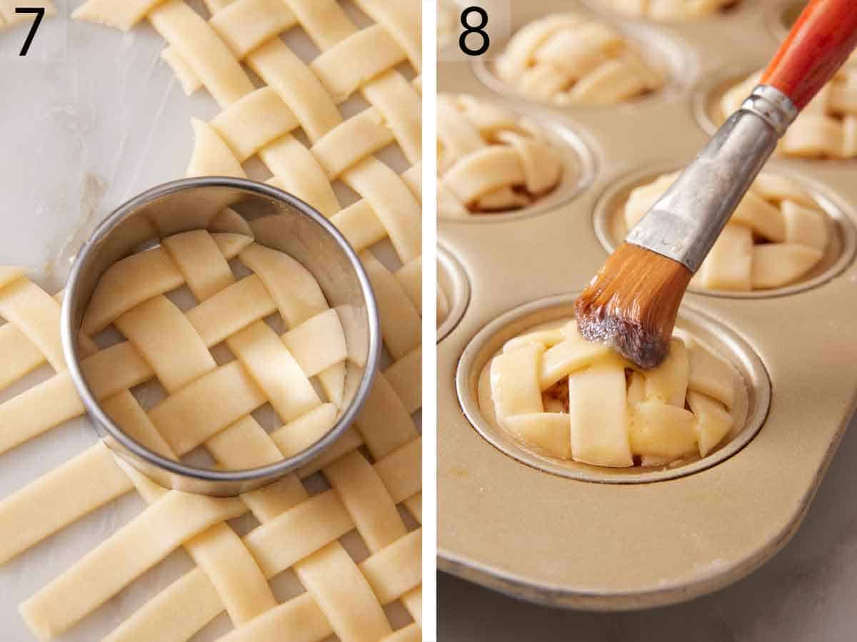 Set of two photos showing the lattice cut into a circle and placed over the apples and brushed with a wash.