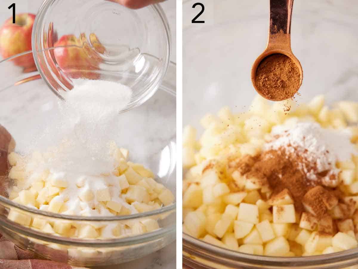 Set of two photos showing sugar and cinnamon added to diced apples.