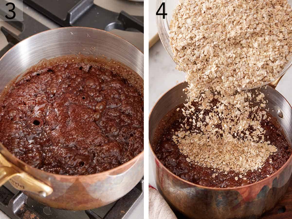 Set of two photos showing cocoa mixture simmered and oats added.