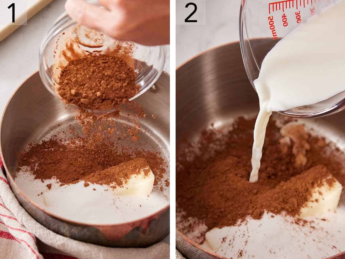 Set of two photos showing cocoa, sugar, butter, and milk added to a small pot.